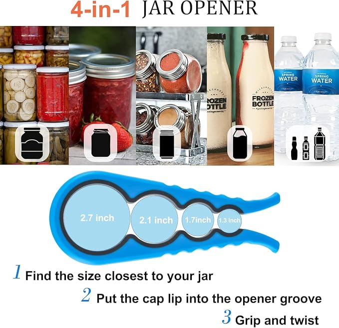 Bloss Anti-skid Jar Opener Can Opener Kitchen Grippers, 4 in 1 Multi Function Bottle Opener Lid Opener for Seniors with Arthritis, Caps and Bottles Kitchen Gadgets For Small Hands or Seniors, Blue