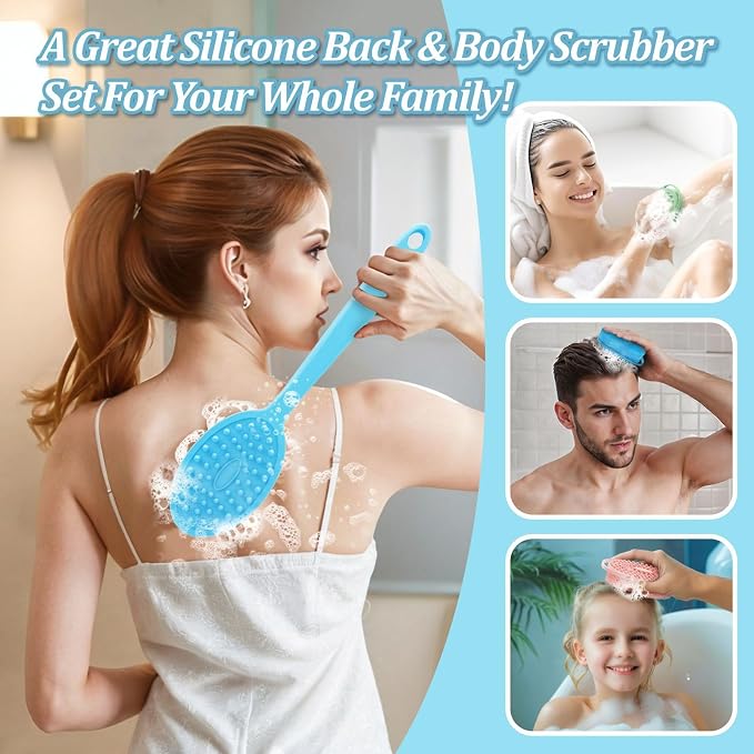 Silicone Back Scrubber & Bath Glove Set 2PCS, 13.4'' Gentle Shower Back Scrubber with Dual-Side Head Non-Slip Handle, 360° Anti-Slip Hand-fit Bath Glove for Rich Foaming Deep Cleaning(Blue)