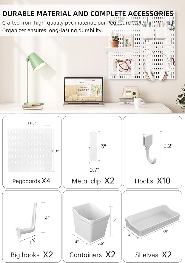Wall Organizer Peg Board - Elevate And Declutter Your Gaming And Office - Create A Perfectly Structured Space(White)
