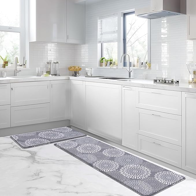 LuxStep Kitchen Mats for Floor,Cushioned Rug Anti-Fatigue Mats for Kitchen Decor Accessories,Waterproof Non-Slip Mats and Rugs Set for Office,Floor,Laundry 17.3"×30"+17.3"×59",Grey