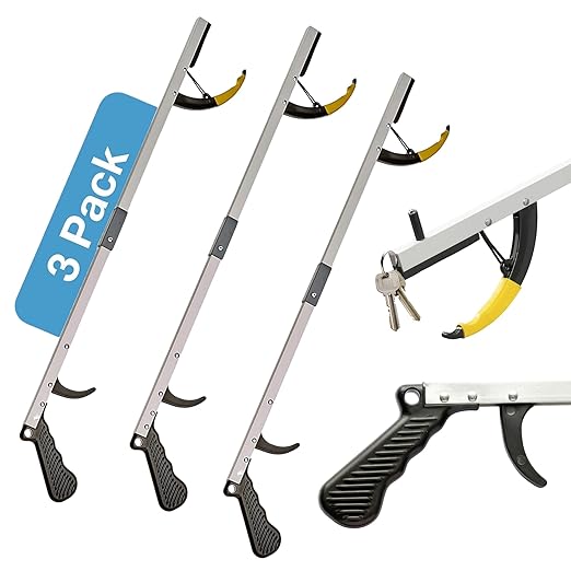 Sammons Preston Reacher, 26" Lightweight Grabber Reacher Tool with Magnetic Tip, Ergonomic Grip & Claw Jaw, Portable Reaching Aid for Seniors, Daily Living & Home Use, Standard Silver, Folding, 3 pack