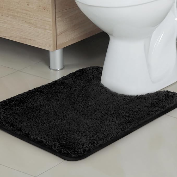 TECHMILLY U Shaped Super Soft Shaggy Bathroom Rugs, Absorbent Thick Non Slip Microfiber Toilet Rugs, Quick Dry Machine Washable Bath Mat for Bathroom Floor, Bathtub and Shower 24"x20" Black