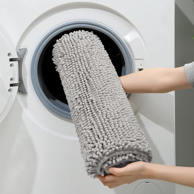 HOMEIDEAS 3 Pieces Bathroom Rugs, Ultra Soft Non Slip Absorbent Chenille Toilet Bath Mat Set (Light Grey)