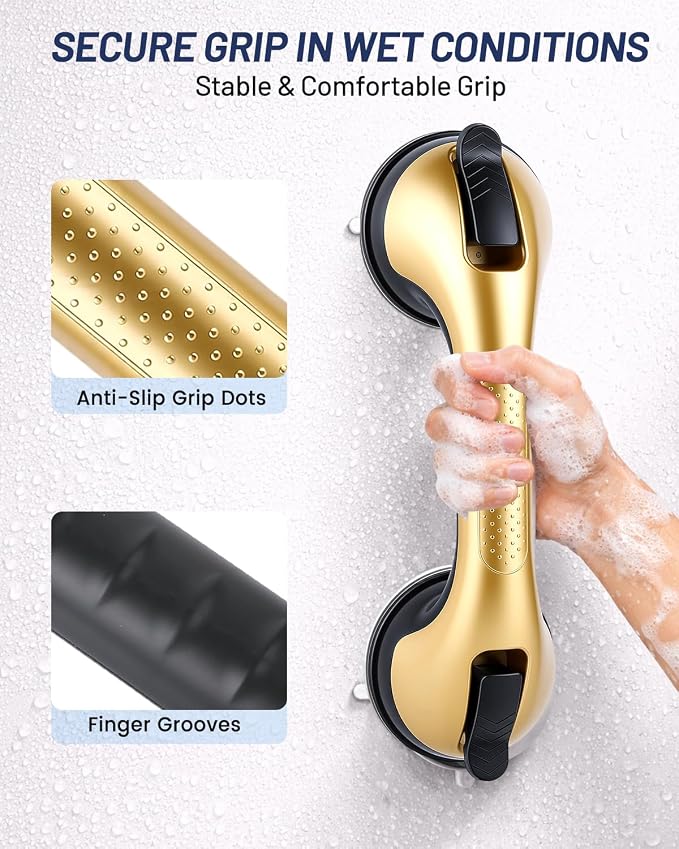 2 Pack Gel-Enhanced Suction Grab Bars for Seniors and Elderly, Heavy Duty Stable Grip Safety Bars for Bathtubs and Showers, No Drill Removable Bathroom Handles for Tub and Shower Support