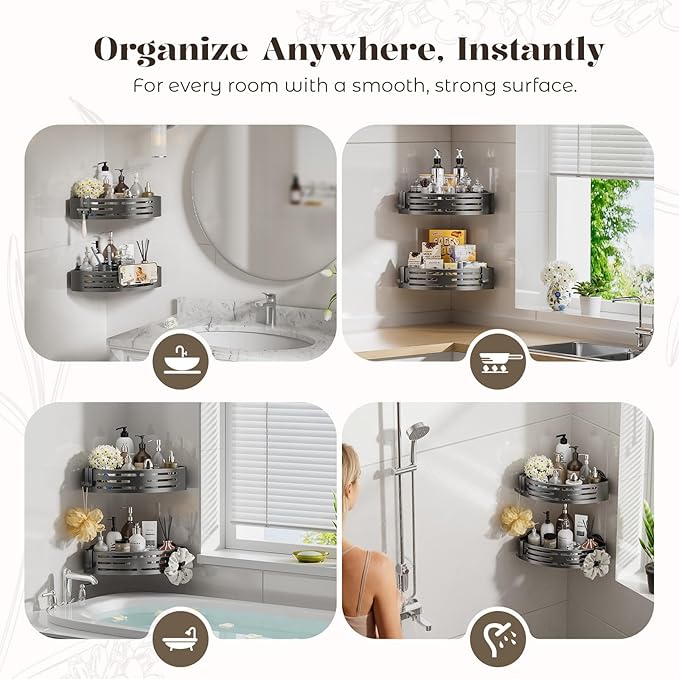 Corner Shower Caddy Suction Cup,Shower Shelves with Hooks,No Drilling Powerful Suction Bathroom Organizers and Storage,Removable Waterproof Rustproof Shower Bathroom Accessories Decor(Grey 3Pack)