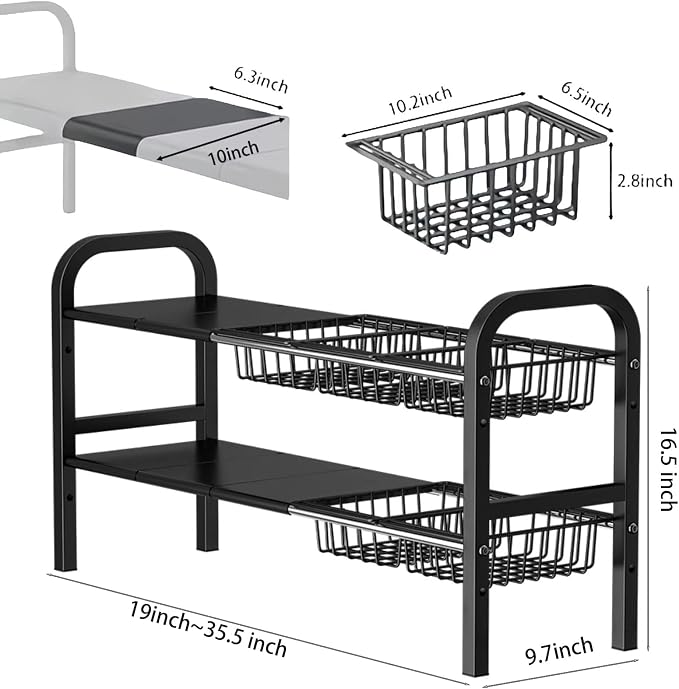 Under Sink Organizer，2 Tier Expandable Heavy Duty Metal Shelf，with 5 Removable Panels and 5 Storage Basket for Under Kitchen Bathroom Sink Organizers and Storage(Black, Large)