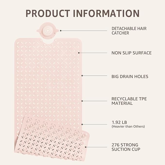 OTHWAY Bath Mat for Tub Non Slip: 39" X 17" Long Bathtub Mat with Hair Catcher│Big Drain Holes Shower Mats for Inside Shower│Machine Washable (Pink)
