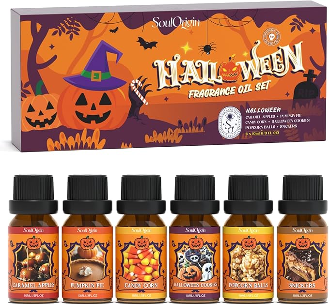Soulorigin Halloween Fragrance Oils Set, Essential Oil for Diffuser, Diffuser Oil, Use for Soap Candle Making,Caramel Apples, Pumpkin Pie, Candy Corn, Halloween Cookies, Popcorn Balls, Snickers Bars
