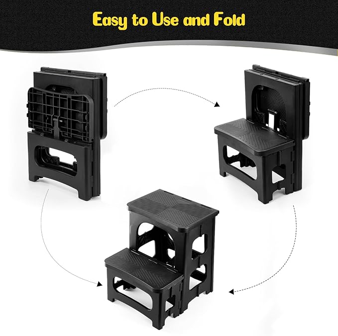 2-Step Stool Foldable, Plastic Steps Stool Folding Step Ladder Two Step Stools Collapsible Step Stools for Adults for Kitchen Home Bathroom RV-Black