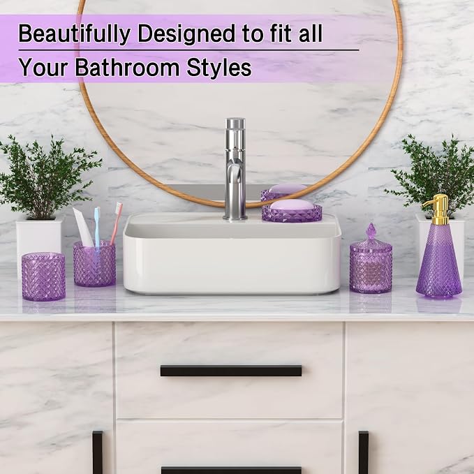 Purple Glass Bathroom Accessories Set 5 Pcs, Purple Bathroom Set, Soap Dispenser and Toothbrush Holder Set, Qtip Holder Set, Vintage Bathroom Sink Set, Cute Bathroom Decor