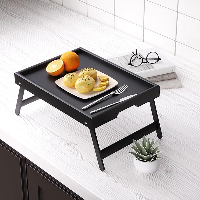 Fibogollo 2 Pack Bamboo Bed Tray Table with Folding Legs,Breakfast Trays,Serving Tray for Food and Snack,Laptop Trays for Working(Black)