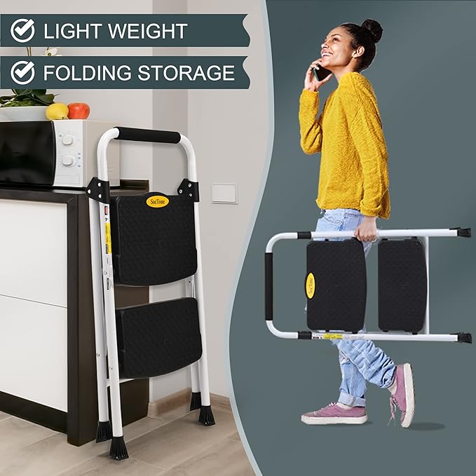 SocTone 2 Step Ladder, Folding Step Stool for Adults with Handle, Lightweight, Perfect for Kitchen& Household, 500lbs Capacity Sturdy Steel Ladder, White