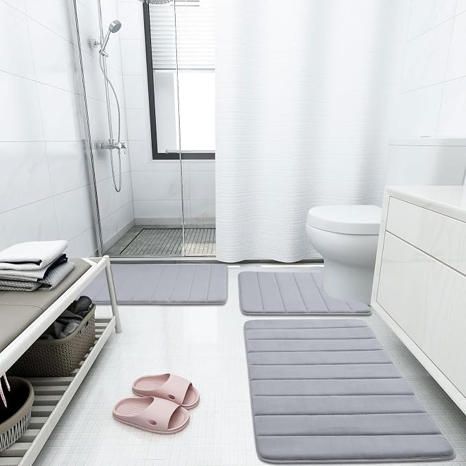 Buganda Memory Foam Bath Mat, 70" x 24", Ultra Soft and Non-Slip Bathroom Rugs, Water Absorbent and Machine Washable Bath Rug Runner for Bathroom, Shower, and Tub, Medium Grey