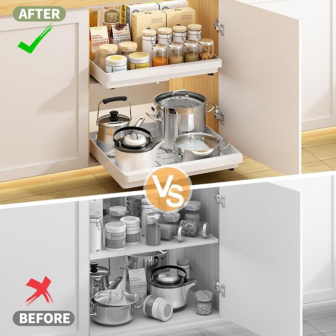 DOMNIU 2 Pack Pull Out Cabinet Organizers Expandable, Plastic Slide Out Drawers for Kitchen, Bathroom, Pantry, Under Sink Storage, Pull Out Drawers Fixed with Adhesive Nano Film (White, 11.6''-17.5'')