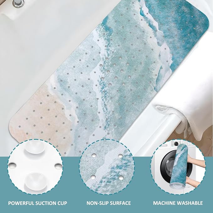 Beach Bathtub Mat Non Slip, Baby Bath Mat for Tub Rubber Tub Mat, Kids Bath Mats for Bathroom Ocean Waves Anti Slip Shower Mat with Suction and Drain Holes Machine Washable, 40″X16″