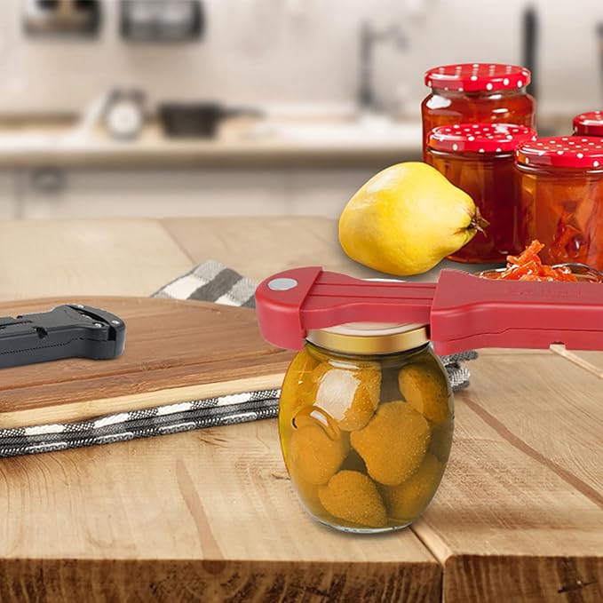 Jar Opener for Seniors with Arthritis, 7 in 1 Bottle Opener and Wine Corkscrew, Easy Grip Kitchen Gadget for Weak Hands Elderly, Retractable Jaw Lid Opener with Magnetic Storage (Red)