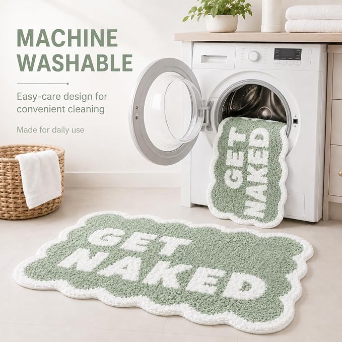 Scalloped Sage Green Bath Rug, Get Naked Cute Bathroom Rug, Soft Absorbent Quick Dry Bath Mat, TPR Non Slip Backing, Microfiber Mat for Shower Tub Sink Vanity 20" x 31.5"