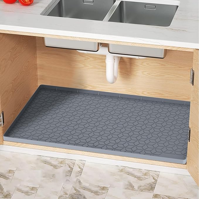 Under Sink Mat 10"x16" Under Sink Mats for Kitchen, Silicone Waterproof Under Sink Liner, Sink Cabinet Organizer Tray with Drain Hole