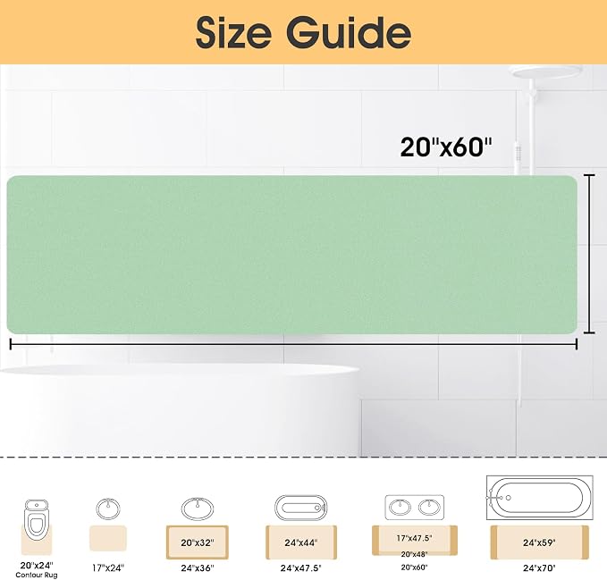 ACCUMTEK Non Slip Bath Mat, Thin Bathroom Rugs Fit Under Door, Quick Dry Bath Mats, Machine Washable Bath Rugs for Bathroom, Bathtub & Kitchen, Bathtub, Sage Green/Solid/60 x20