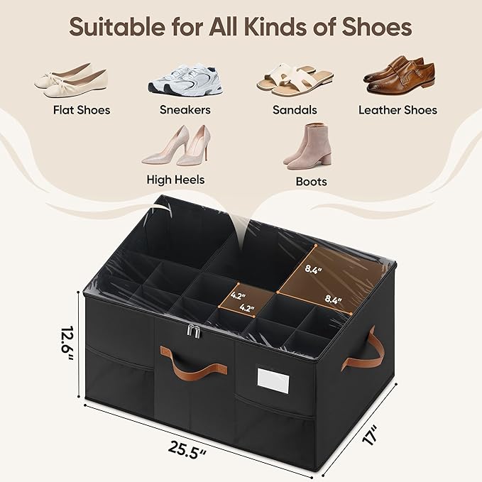 Shoe Organizer for Closet, 1 Pack Shoe Storage Container with Adjustable Dividers, Space Saving Shoe Box Storage Organizer Bin with Clear Lid and 4 Handles, Fits 12-24 Pairs, Black
