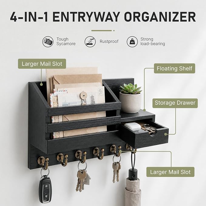 FifthQuarter Key and Mail Holder for Wall, Mail Organizer Wall Mount with 6 Hooks and Storage Drawer, Easy Installation Key Rack for Entryway and Home Decor (A-Black)