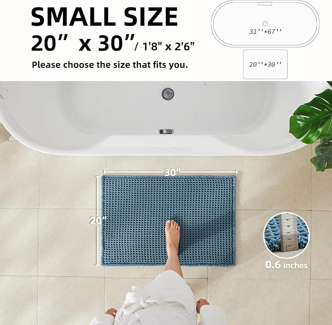TYUU Waffle Bath Mat, Boho Bathroom Rugs Non Slip Washable Super Absorbent Quick Dry Bath Mat Farmhouse Bathroom Decor, 30"x20" Denim Blue