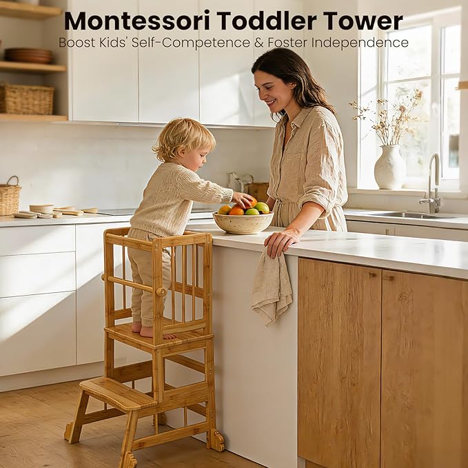 HBTower Kids Kitchen Step Stool with Safety Rails & Anti-Slip Feet,Toddler Standing Tower for Kitchen Counter Learning - Hold Up to 450lbs,Anti-Slip Feet Toddlers Learning Tower,Natural Bamboo