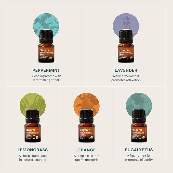 Cliganic Organic Essential Oils Set (Top 5 - The Classics) - 100% Pure Natural - Aromatherapy, Candle Making - Peppermint, Lavender, Eucalyptus, Lemongrass & Orange (Pack of 2)