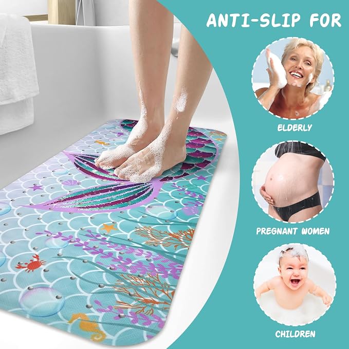Mermaid Bathtub Mat Non Slip, Cute Baby Bath Mat for Tub Rubber Tub Mat, Kids Bath Mats for Bathroom Little Girls Anti Slip Shower Mat with Suction and Drain Holes Machine Washable, 40″X16″