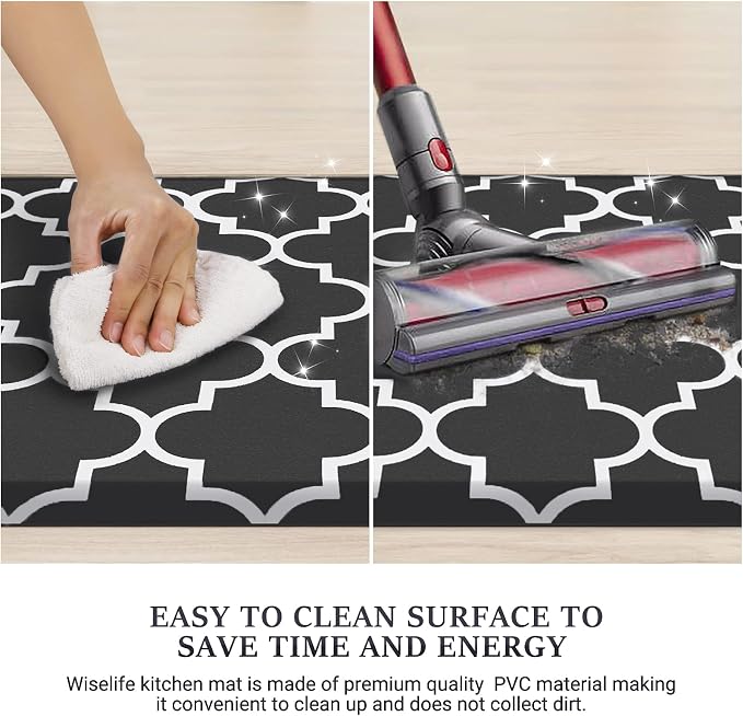 WISELIFE Kitchen Mat Cushioned Anti-Fatigue Kitchen Rug,17.3"x 60",Non Slip Waterproof Kitchen Mats and Rugs Heavy Duty PVC Ergonomic Comfort Mat for Kitchen, Floor Home, Office, Sink, Laundry,Black