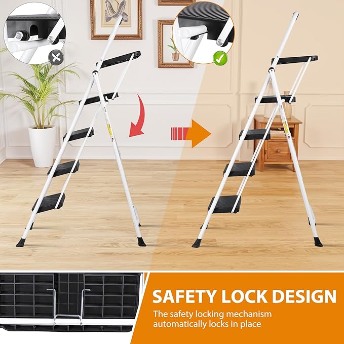ZENY 4 Step Ladder, Folding Step Stool for Adults, Portable Steel Ladder with Tool Platform, Wide Anti-Slip Pedal, Safety Locking, Lightweight (White)