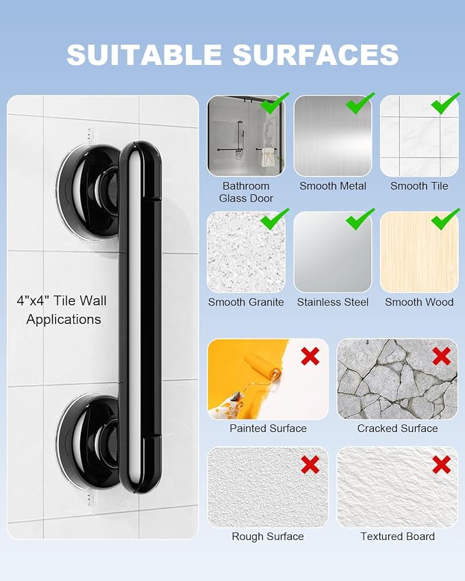 JOTPE 1-Pack Grab Bars for Bathtubs and Showers, No Drilling & Removable Shower Grab Bar Easy to Install, Heavy Duty Suction Grab Bars for Shower, Safety Shower Handle for Balance (11 inch)