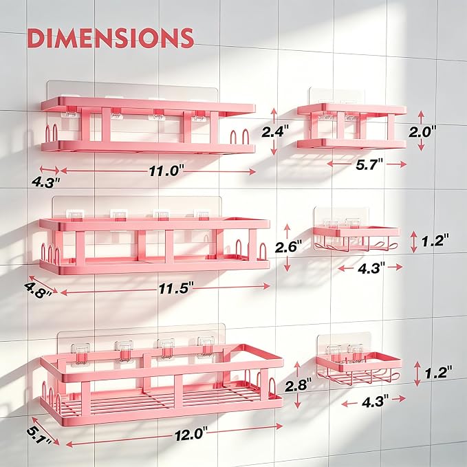 Youvip 6 Pack Shower Caddy, Adhesive Shower Shelves with Soap Holder, No Drilling Rustproof Large Capacity pink bathroom decor accessories, Pink