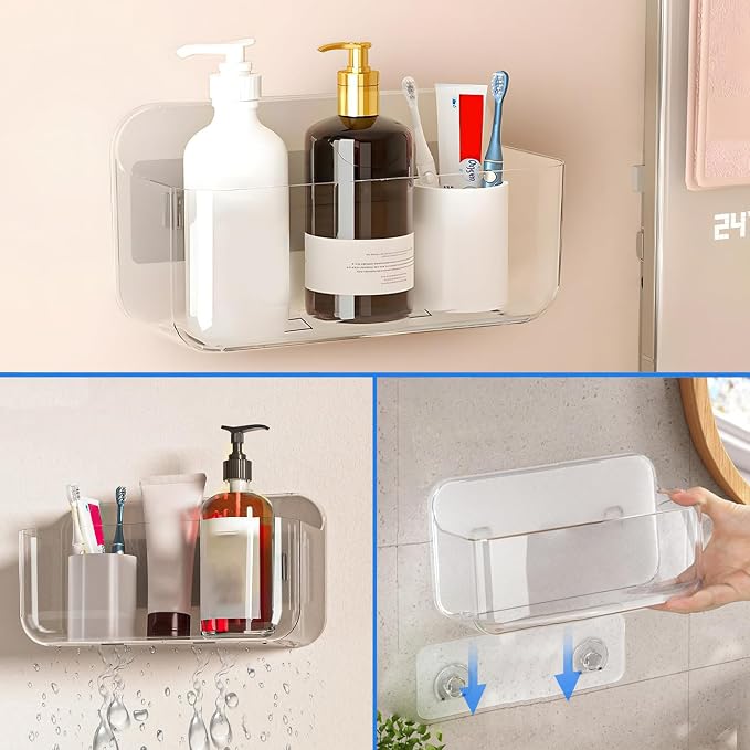 Diesisa Acrylic Wall Mount Organizer - 5.1" D x 10.9" W x 6" H, Large Size Adhesive Wall Self - Shower Caddies Organizer - Bathroom Shelves with Self Adhesive Tape for Bathroom, Kitchen - Large Size