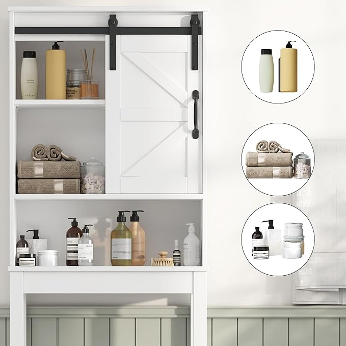 Over The Toilet Storage Cabinet, Bathroom Organizer with Adjustable Shelves and Anti-Tip Device, Space-Saving Storage Solution, White