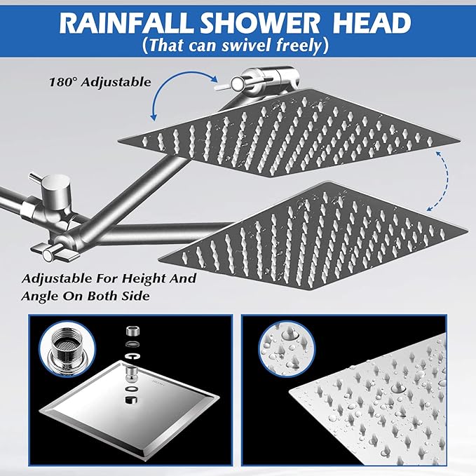 Shower Head,8”Rain Shower Head with Handheld Spray Combo with 11'' Angle Adjustable Extension Arm/Flow Regulator/Shower System,High Pressure Rainfall Shower Head Bathroom,Chrome
