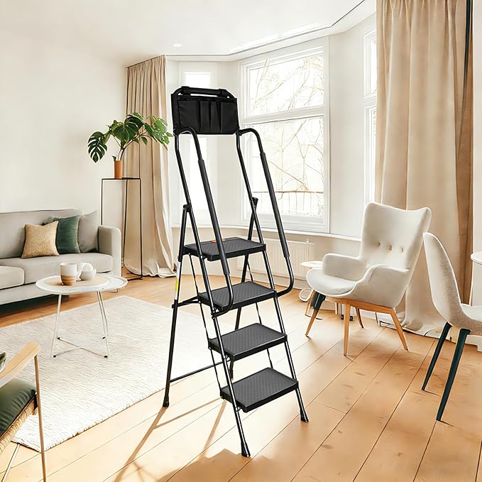 Valeo 4 Step Ladder with Handrails,500 Lbs Capacity,Folding Step Stool Ladder with Attachable Tool Bag,Lightweight & Storage Step Ladder 4 Step Folding,Multi-use for Home,Kitchen,Office,Black