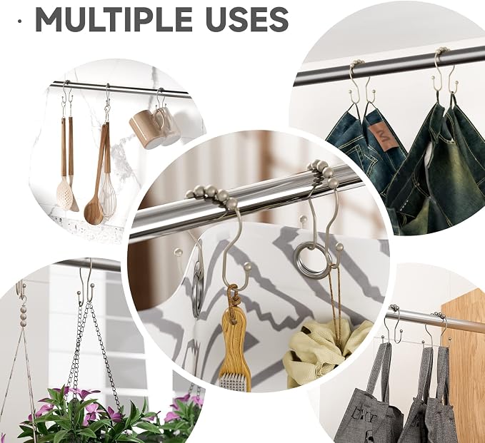 Bathway Shower Curtain Hooks Rust Proof Shower Curtain Rings, Smooth Glide Double Hook Shower Curtain Hooks,Shower Hooks for Shower Curtain Matte Nickel Shower Rod Hooks Shower Curtain Hangers 12Pcs