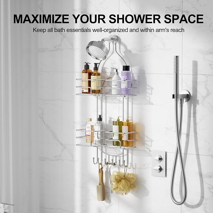 SRIWATANA Shower Caddy Organizer Hanging Over Head, Bathroom Shower Rack Hanger with Hooks for Razors - Chrome