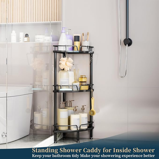 Consumest Corner Shower Caddy Stand - 3 Tier Shower Organizer with Soap Holder, Tall Floor Corner Shelves Standing with Adjustable Feet & 4 Hooks, Storage Rack for Bathroom Black