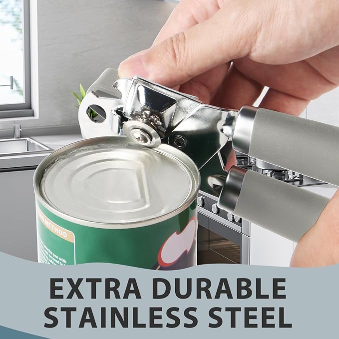 Safring Can Opener Manual, Heavy Duty Handheld Strong Can Opener with Soft Touch Handle, Sharp Blade Smooth Edge, Can Openers with Multifunctional Bottle Opener, Gray