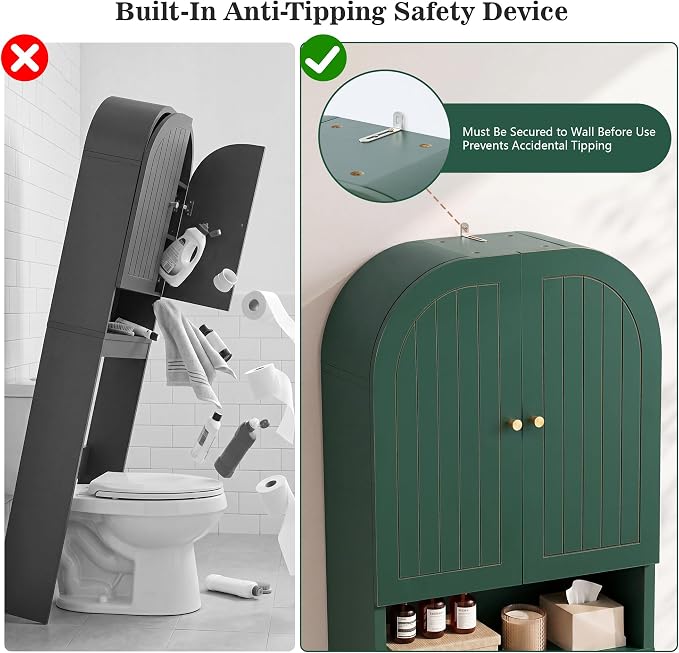 Over the Toilet Storage Cabinet, 70" Tall Bathroom Space Saver with Fluted Grooved Doors, Freestanding Over Toilet Organizer with Adjustable Shelves & Soft-Close Hinges for Small Bathrooms (Green)
