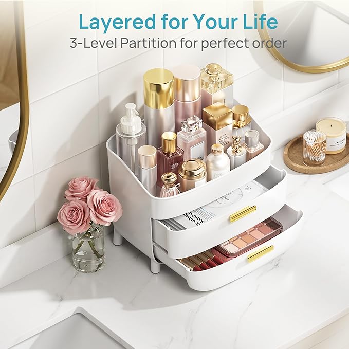 Vtopmart 3-Tier Skincare Makeup Organizer with Drawers for Vanity and Bathroom Countertop, Large Cosmetic Storage Box Case for Dresser, with Non-Slip Base