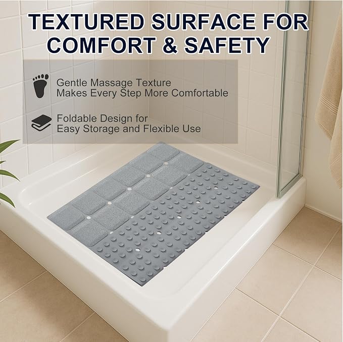 Webos Anti Slip Shower Mat for Tub & Shower Stall, 21" x 21" Square Silicone Bathtub Mat with Powerful Suction Cups, Fast-Draining, Machine Washable Soft Foldable Bathroom Mat, Grey