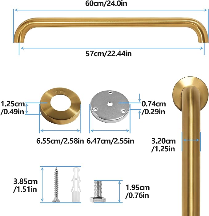 Shower Grab Bar, 2 Pack 24 Inch Gold Bathroom Safety Bar, 1.25" Diameter 304 Stainless Steel Grab Bars for Bathtubs and Showers, Handicap Shower Grab Bar for Seniors Elderly