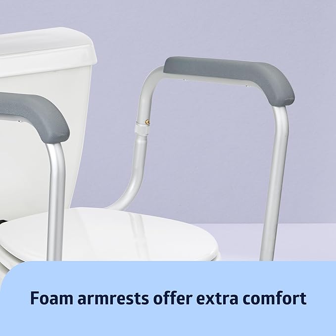 Foldable Toilet Safety Rail with Adjustable Height – Universal Fit for Standard or Elevated Seats – Aluminum Frame, Width Adjustable Armrests, Easy Install Over Toilet – Retail Box