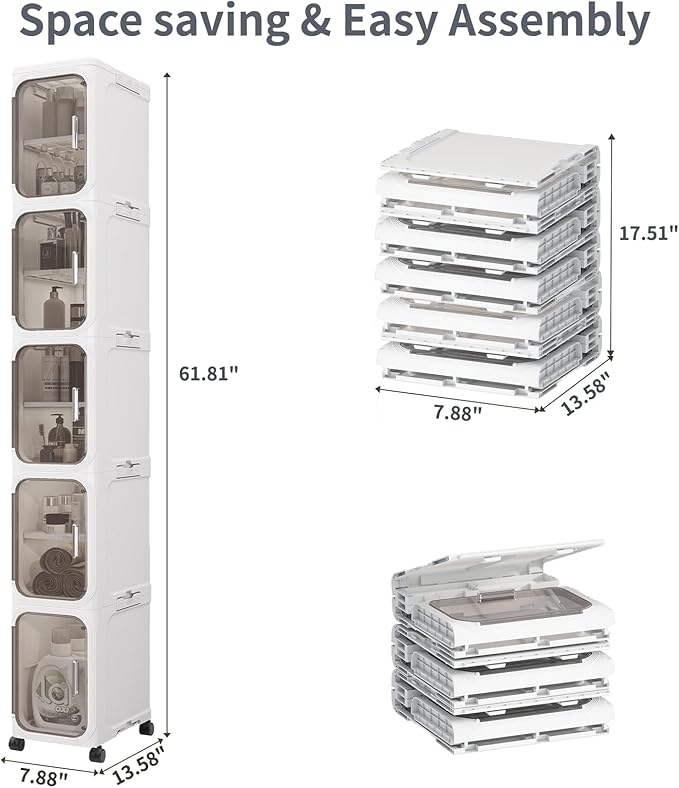 5-Tiers Slim Bathroom Storage Cabinet, Foldable Storage Cabinets,Narrow Bathroom Storage,Movable Bathroom Storage Organizer for Small Spaces,Bathroom,Kitchen,Laundry,White