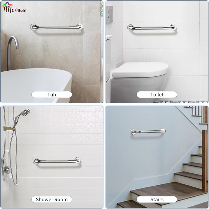 Anti-Slip Chrome Grab Bar 16 Inch, iMomwee 2 Pack Stainless Steel Bathroom Grab Bar w/Knurled Grip, Safety Shower Grab Bar for Wall, Toilet Balanced Support Bar Bathtub Assist Handle for Elderly