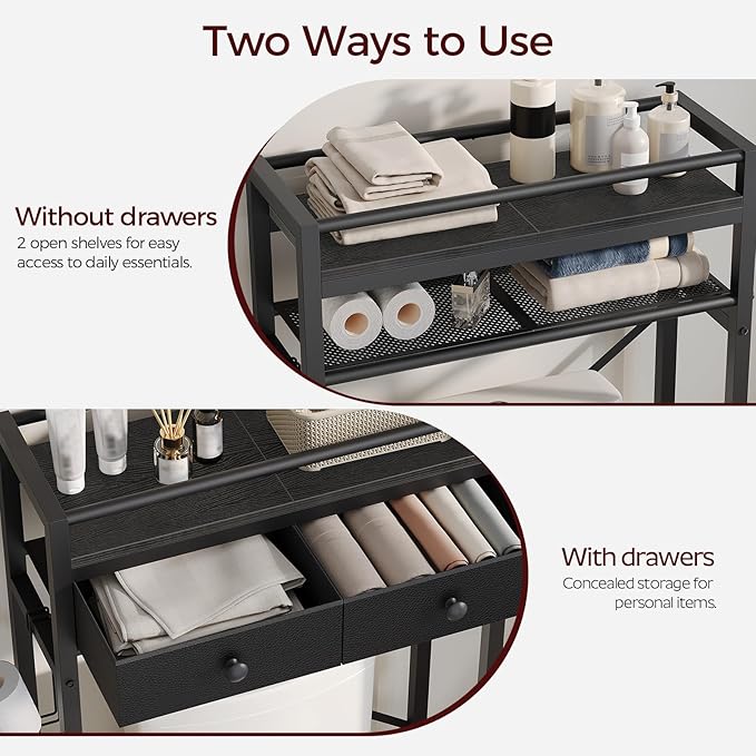 MAHANCRIS Over Toilet Storage, 2-Tier Bathroom Organizer Shelf with 2 Fabric Drawers and Toilet Paper Holder, Freestanding Above Toilet Rack for Small Spaces, Space-Saving, Black TSBK1101