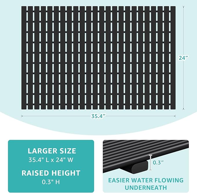 OTHWAY Large Shower Mat, 35.4 x 24 Inch No Suction Cup Shower Mat Non Slip, Quick Drain Non Slip Shower Mats for Inside Shower, Heavy Duty Curlable PVC Stand up Shower Floor Mat, Black